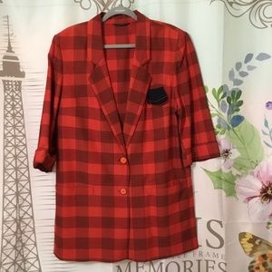 Vintage~90s Red Plaid Blazer Suit Jacket European made Geissler